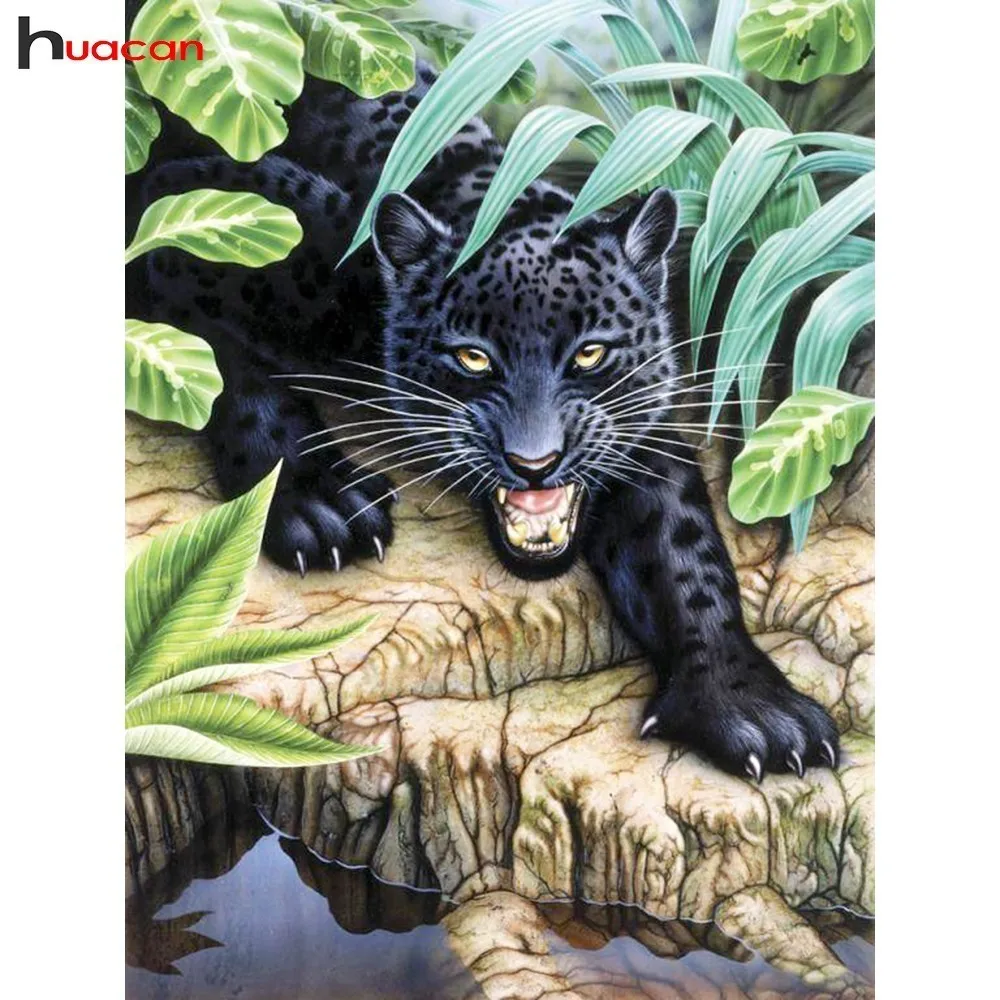 

HUACAN 3D Diamond Painting Panther Diamond Embroidery DIY Full Round Drill Resin Rhinestone Painting Decoration Home