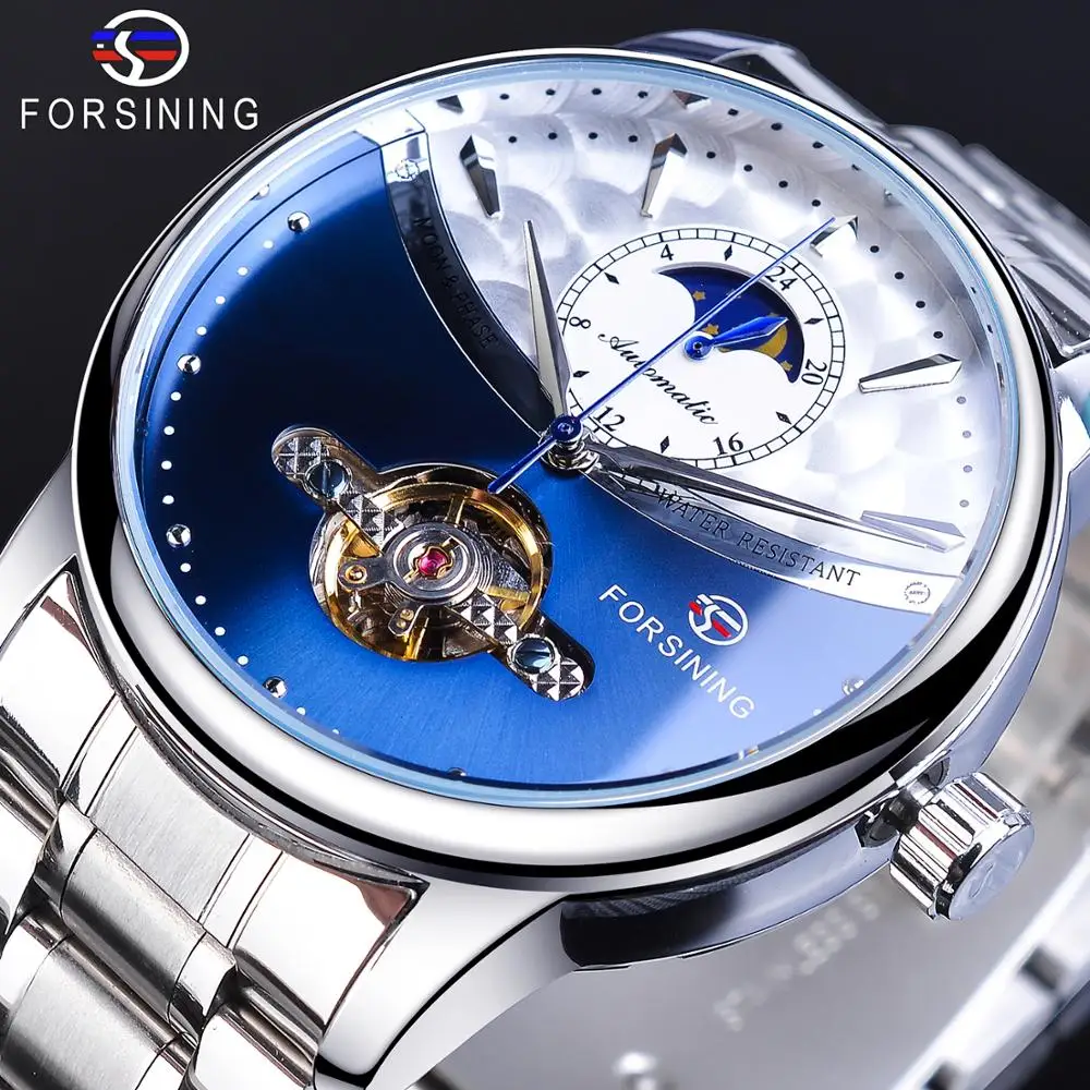 Automático para Masculino Fase da Lua Pulseira de Aço Relógio de Pulso Forsining Azul Relógio Inoxidável Alta Qualidade Casual Mecânico