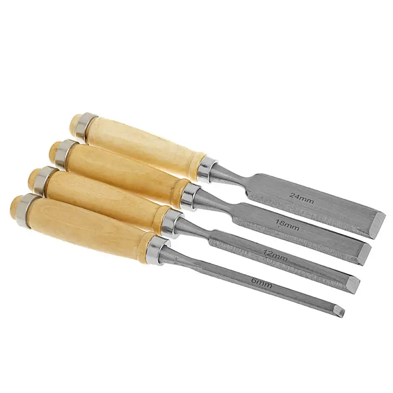 4Pcs/set 6/12/18/24mm Wood Flat Chisel DIY Carving Set Woodworking Handle Tool