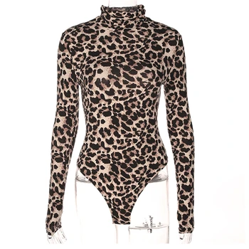 

Autumn Long Sleeve High Neck Skinny Bodysuit 2018 Autumn Winter Women Stretch Leopard Sexy Body Suit Ladies Casual Bodysuit