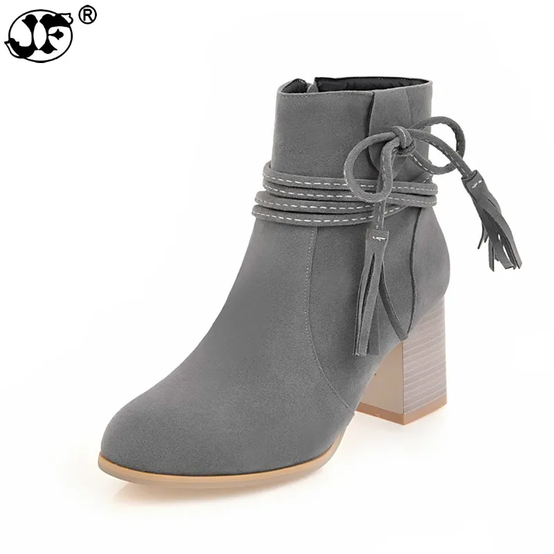 

Plus Size 34-43 High Heels Fringe Knot Boots Fashion Women Shoes Woman Autumn Winter Ankle Boots Footwear Black Gray 785op