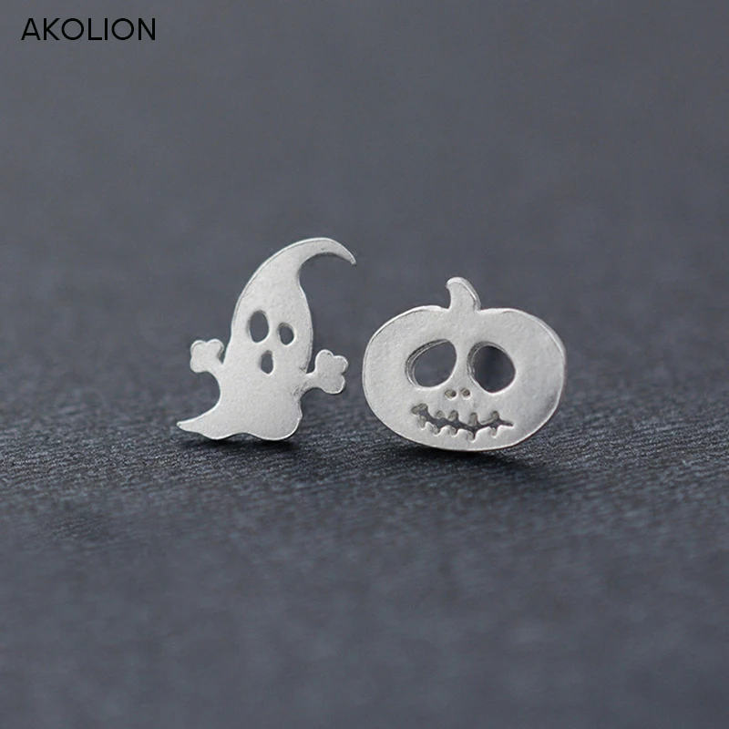 

AKOLION Brand Silver Color Pumpkin Ghost Earrings Anti Allergy earrings Stud For Women Girls Kids Lady Lovers Halloween Gifts