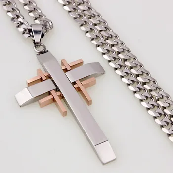 

New Fashion Vintage Men's Women's Pendant Necklace Stainless Steel Rose Gold Biker Christian Cross Crucifix Jewelry Cuban Chain