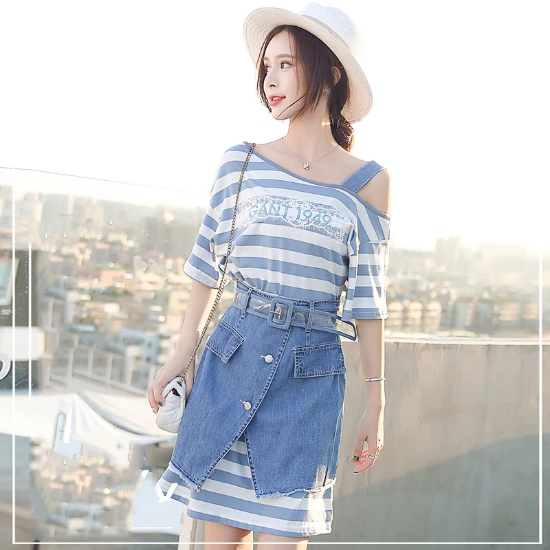 

2019 Spring Summer Women Fashion 2 Piece Suit Slash Collar Off Shoulder Stripe Letter Long T Shirt Denim Skirt Suits Skirts Set