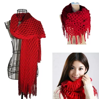 

Hot Women Winter Warm Knit Loop Scarf Tassels Soft Shawl Two styles Infinity and straight