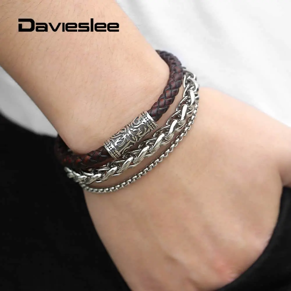 3 шт./компл. многослойный коричневый кожаный браслет цепочка из нержавеющей стали для мужчин мальчиков Шарм Панк ювелирные изделия дропшиппинг DDLBF34