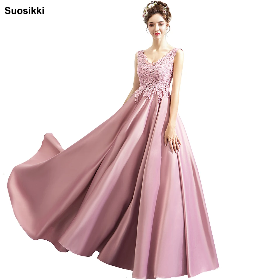 

Suosikki New Luxury Satin Evening Dress Pink Lace Embroidery Floor-length V-neck Elegant Formal Prom Dresses Robe De Soiree