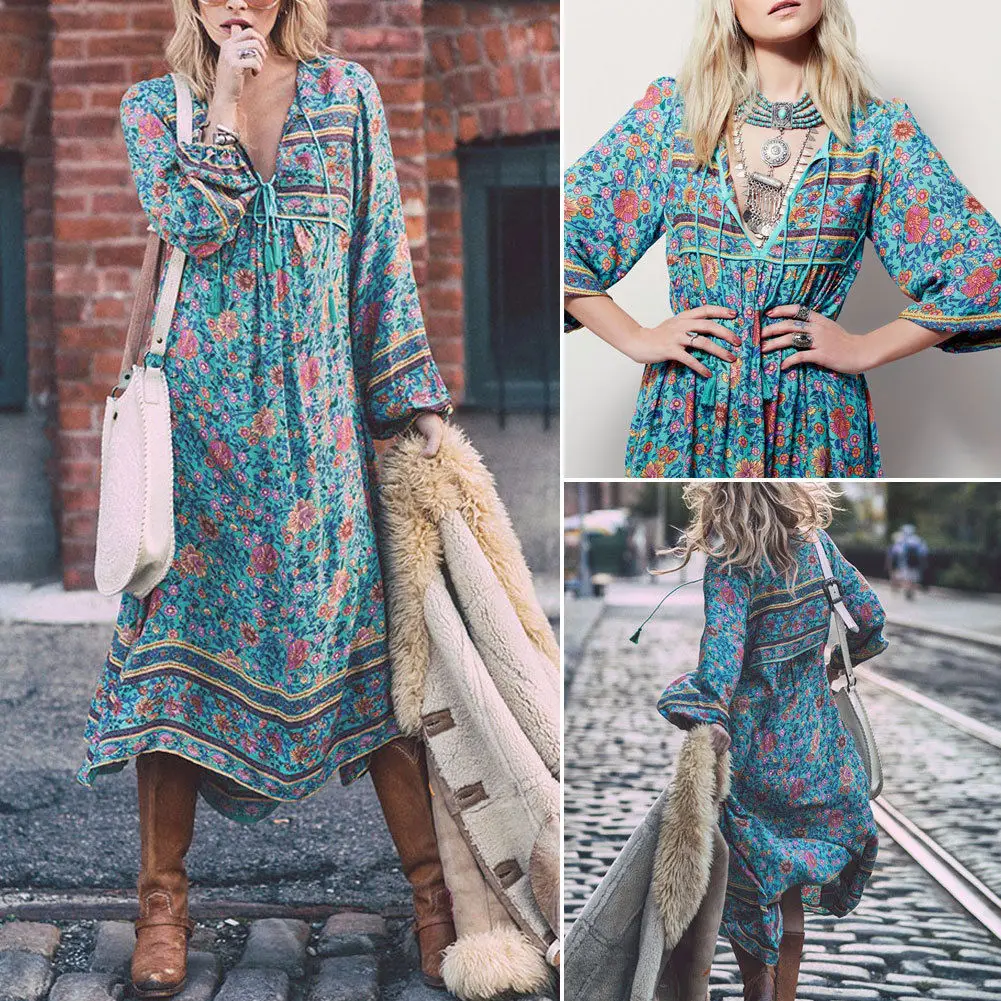 Женское длинное платье с цветочным принтом Boho Свободное длинными рукавами