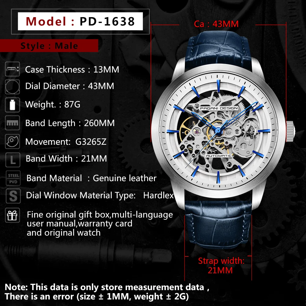 Pagani Design Brand Fashion Leather Gold Watch Men Automatic Mechanical Skeleton Waterproof-3