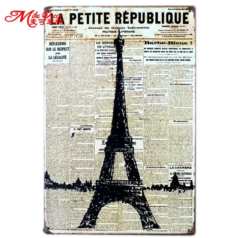 Mike86 La Patite News Eiffel Tower Metal Plaque Gift Pub Wall