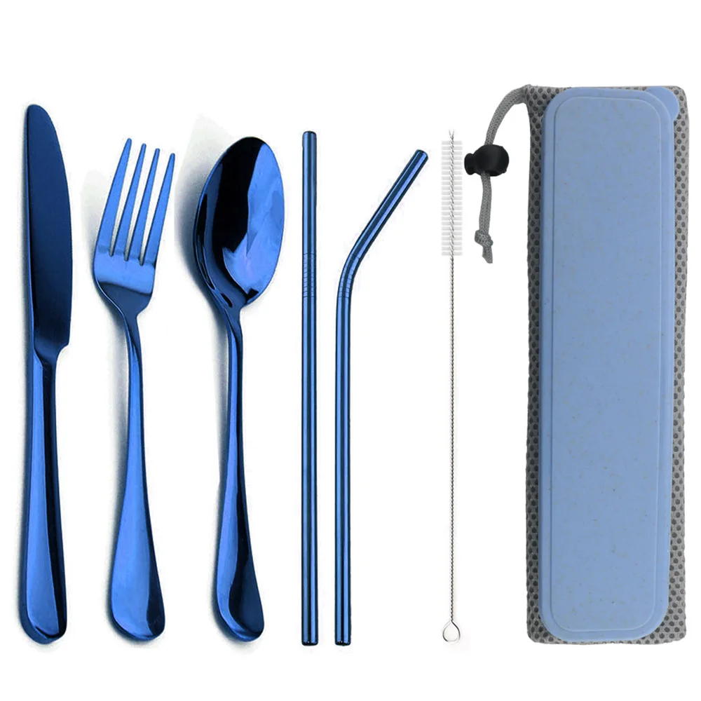 8 шт./лот 6 цветов набор посуды из нержавеющей стали набор столовых приборов Ножи вилка красочные столовое серебро металлическая соломинка Box сумка Услуги для 1 - Цвет: Blue