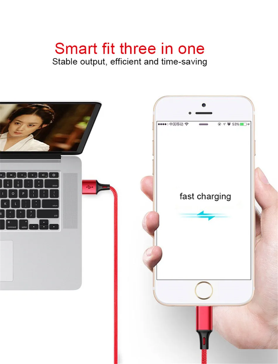 NOHON нейлон зарядка через usb кабель 3 в 1 для iPhone 7 8 X XS MAX XR микро Тип usb C Android телефона зарядки Кабели для Samsung Xiaomi