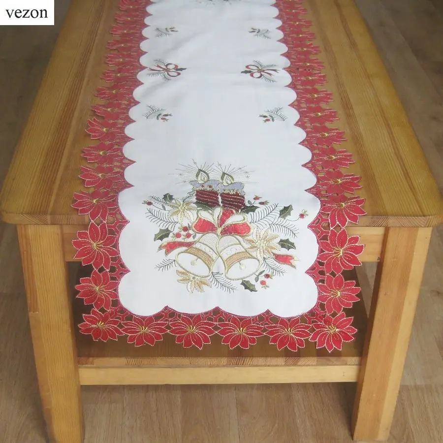 

vezon New For Christmas Polyester Embroidery Satin Table Runner Xmas Cutwork Star Table Towel Bell Flag Cloth Overlays