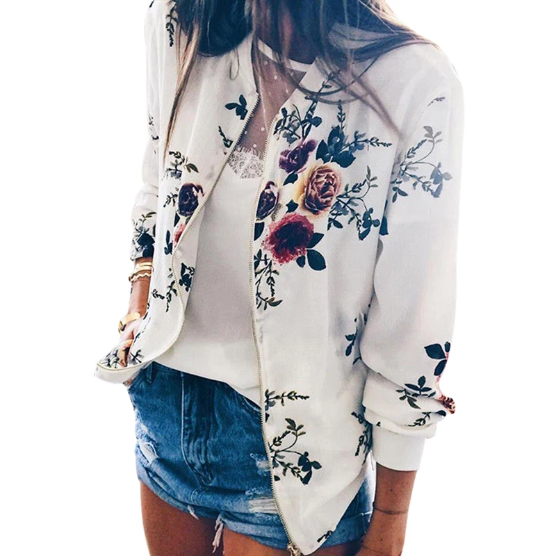 

Women Floral Print Bomber Jacket Women Casual Zipper Up Retro Coat 2019 Long Sleeve Basic Plus Size Short Biker Jackets Female