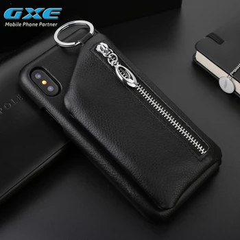 

GXE Lyitchi Pattern Genuine Leather Back Case For iPhone 10 Zipper Leather cover Phone Bag For iPhone X Case With Card Horder