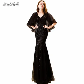 

modabelle Black Mermaid Evening Dresses Long 2018 Robe Soiree V-neck Sequins Half Sleeve Sexy Long Party Dress Abiye Elbiseler