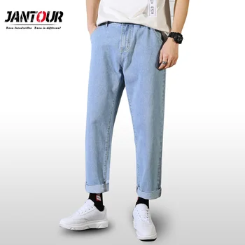 

Jantour 2019 New Men Ankle-Length Jeans Style High Quality Elastic Force Loose Straight jean Brand Pants male Light Blue