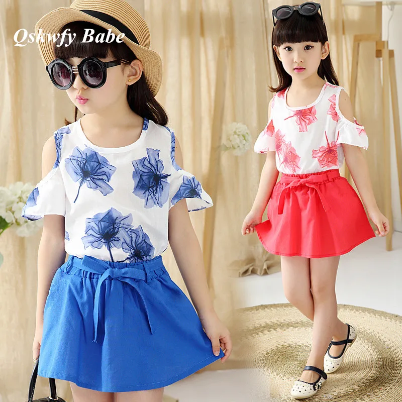 

Girls Summer Clothing Sets Children Fashion Maple Leaves T-shirt +Bow Skirt Two-piece Suit Set Girl Casual Dew Shoulder Set