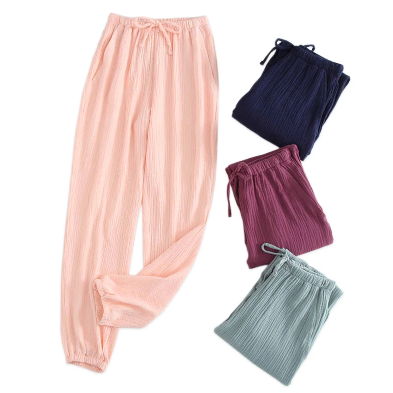 2019 New Spring sleep bottoms womens fresh cozy 100% crepe cotton home trousers men lovers pajamas pants couples trousers women