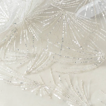 

Top quality off white beading lace fabric 2019! Luxury net tulle mesh lace with beads and sequins shiny lace for wedding dress!