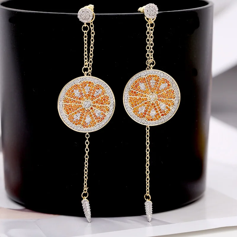 

New Summer Personality Zircon Fruit Orange Earrings Lemon Earrings Female Long Chain Earrings LY10940