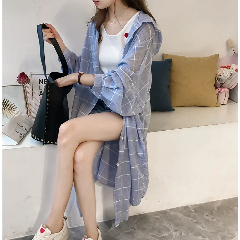 

2019 New Women Long Shirt Plus Size Top Blouse BF Plaid Loose Hooded Clothes Woman Fashion Casual Tops Office Lady Promotion