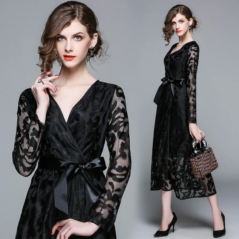 

Elegant Sexy V-Neck Lace Slim Tunic Bow Dress Women Vintage Office Party Fashion Beach Dress Long Sleeve Spring Clothing Black