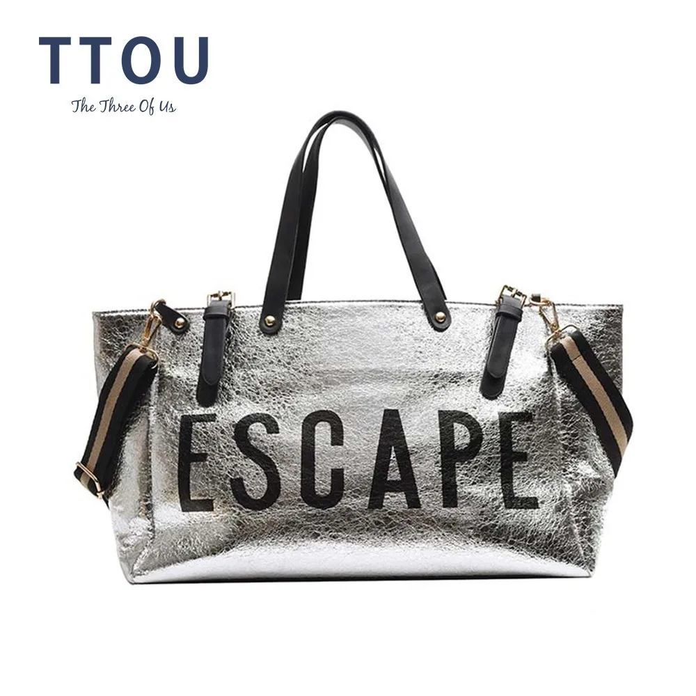 

TTOU Fashion Woman Letter Silver High Capacity Bag Ladies Quality Leather Casual Shoulder Bags Flap Unisex Patchwork Bag Sac