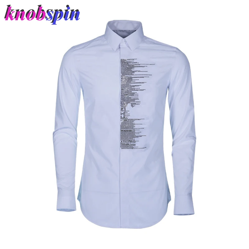 

Brand Shirt men 2019 New Slim fashion Printed Chemise homme High quality Anti-Wrinkle 80% Cotton SHIRTS with Gold color Crystal