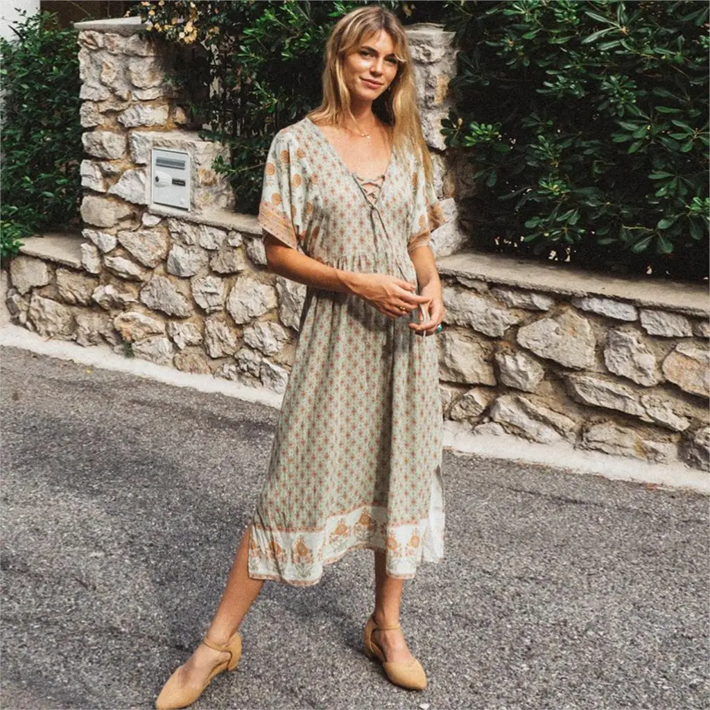 Jastie V Neck Short Sleeve Summer Dress Sunflower Print Boho Dresses