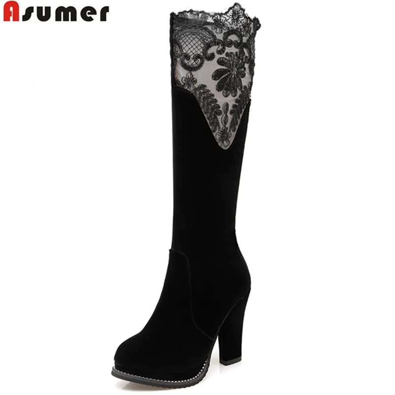 

Asumer autumn winter new arrive women boots black flock knee high boots zipper round toe platform ladies boots big size 33-43