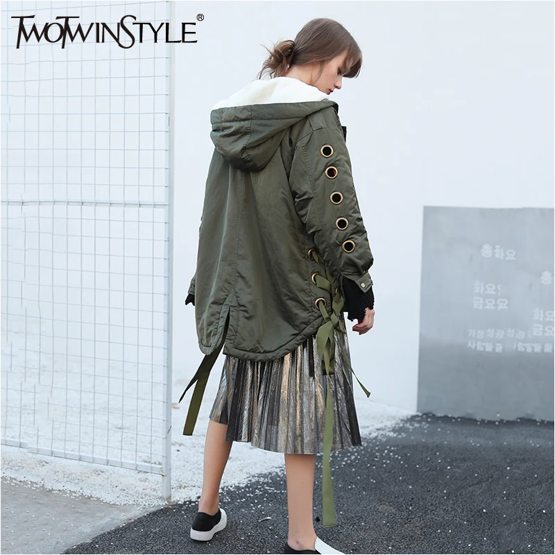Куртка TWOTWINSTYLE зимняя с капюшоном длинным рукавом в Корейском стиле|womens down parka|women