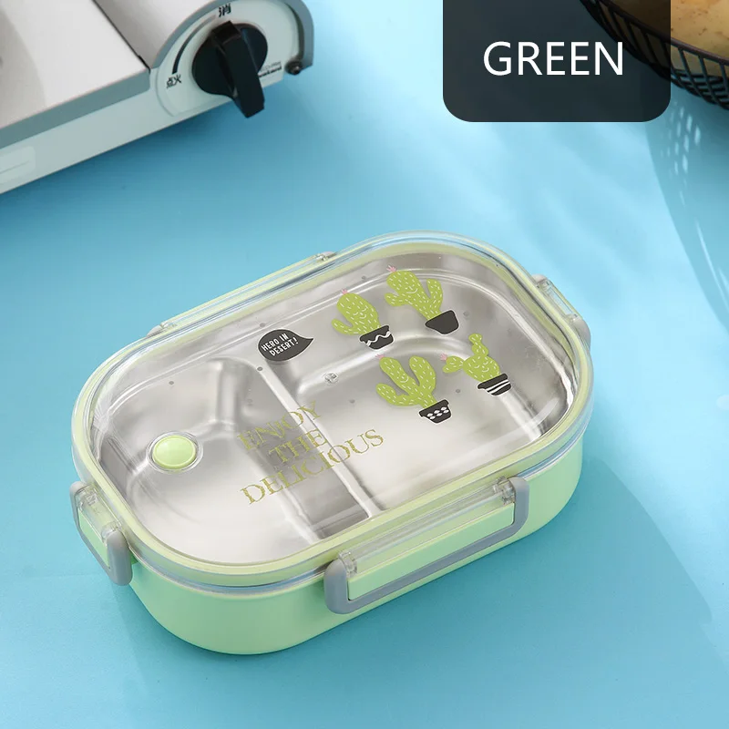 Carton Green 304 нержавеющая сталь Ланч-бокс портативный мультяшный пищевой контейнер для детей герметичный детский школьный Bento box кухонный пищевой контейнер - Цвет: Carton Green