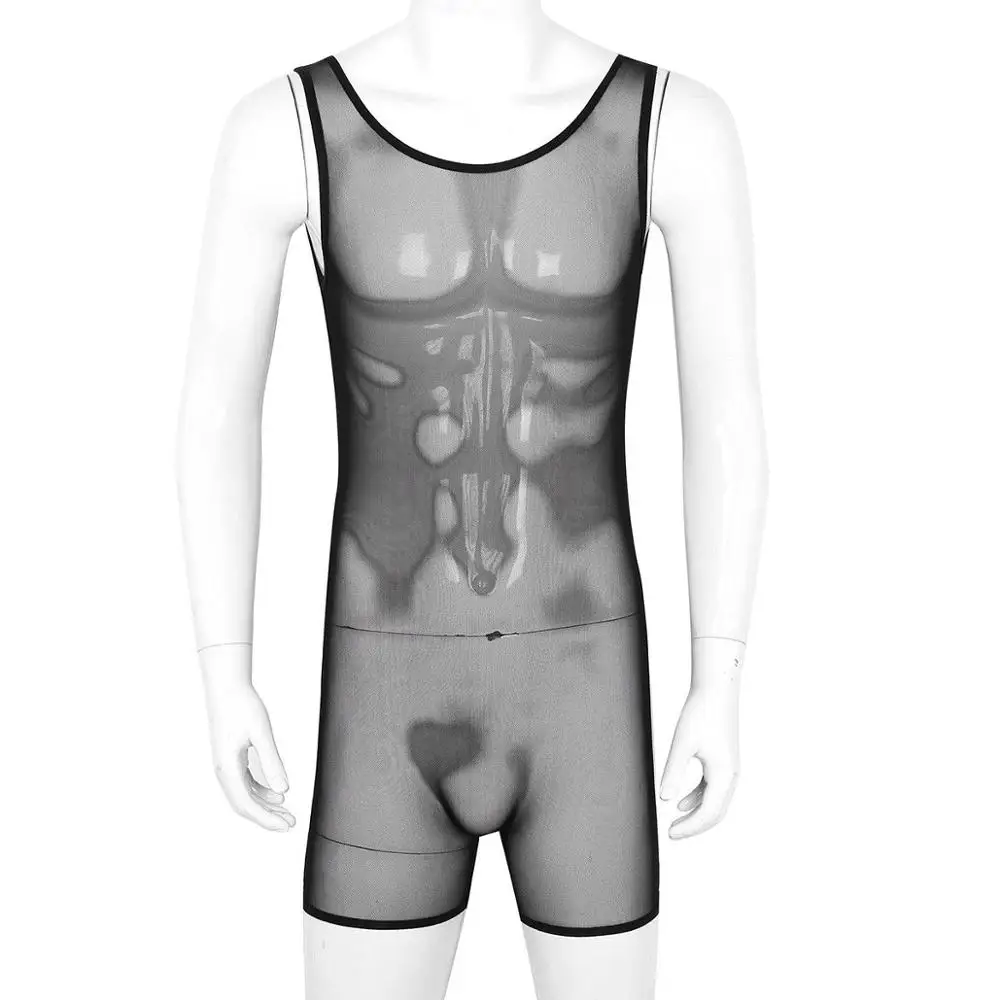 Men Sexy Sheer Mesh Jumpsuit Bodysuit Bulge Pouch Wrestling Singlet Lingerie One Piece Leotard Gay Underwear Briefs