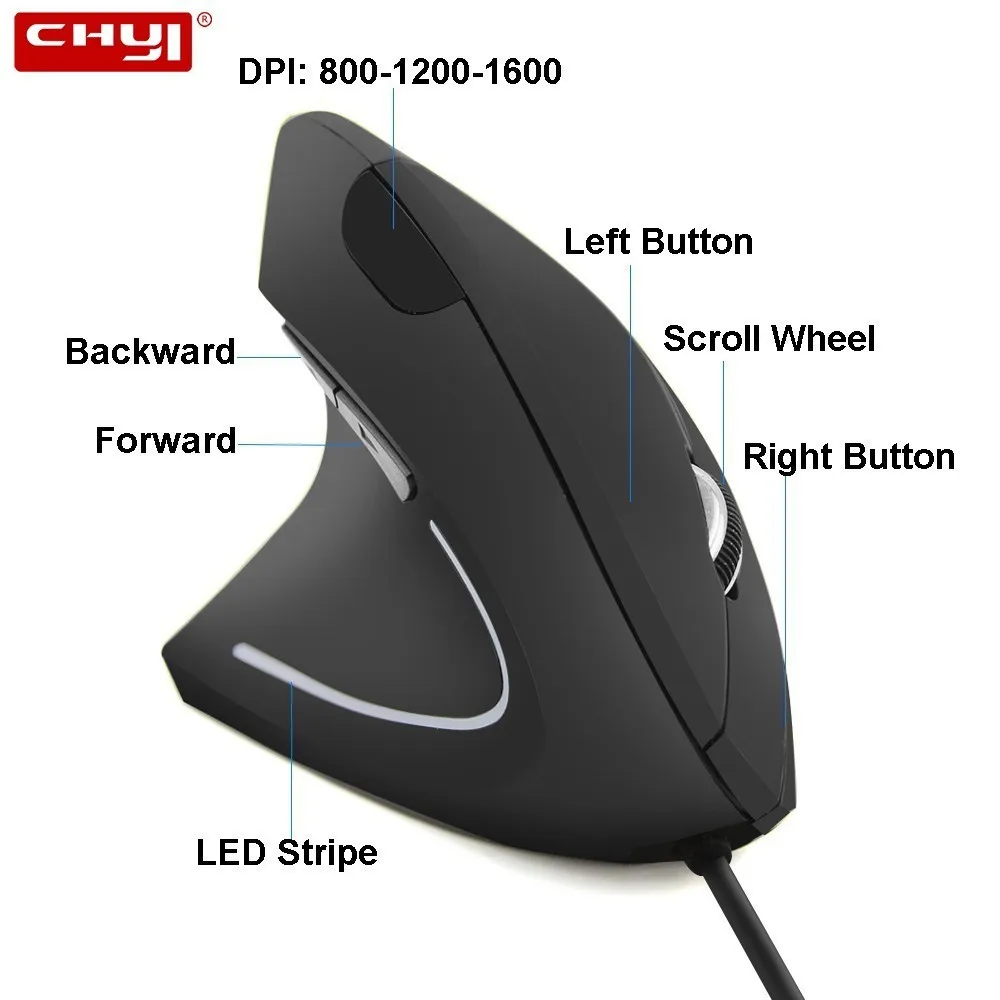 

CHYI Left Hand Vertical Ergonomic Computer Mouse Left Handed Optical Wired Usb Mause 1600 DPI PC Gaming Mice With LED For Laptop