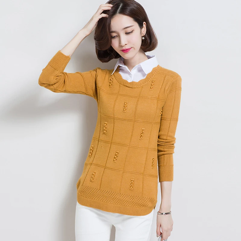 Осенне-зимняя женская одежда, новинка, вязаный пуловер, свитер, женская рубашка с воротником, имитация двух частей, женский свитер, джемпер