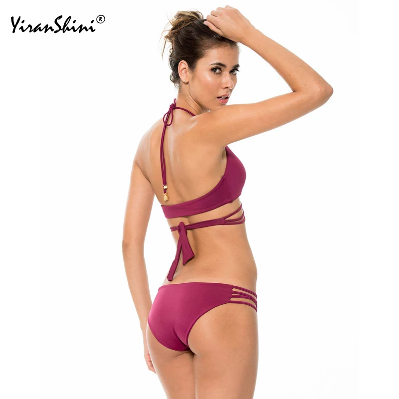 

YIRANSHINI Swimwear Women 2018 Sexy Backless Bandage Halter Bikini Sets Summer 2 Pieces Beach Bathing Suit Micro Bikini Push Up