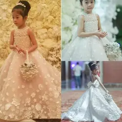 2019 Платья с цветочным узором для девочек для свадебной вечеринки, платье принцессы с жемчужинами и бантом без рукавов с объемным цветочным
