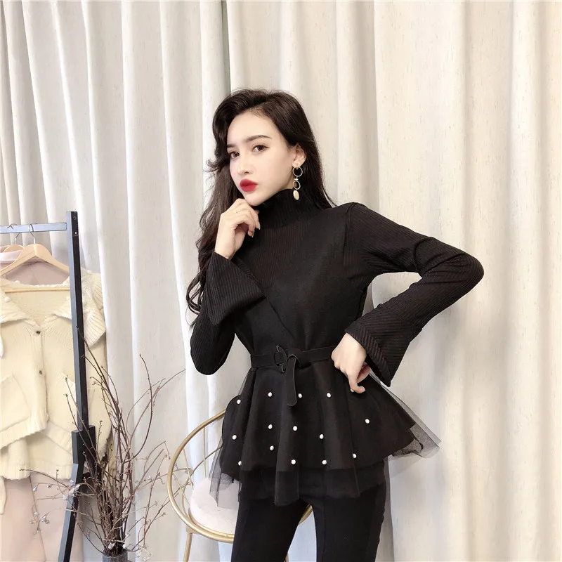 2 шт., модные новые корейские модные свитера с расклешенными рукавами+ жилет с оборками и бисером, элегантные комплекты из двух предметов, женские комплекты одежды - Цвет: Черный