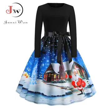 

Vintage Print Christmas Dress Women Fashion Winter Long Sleeve Party Dress Plus Size Elegant Swing Bodycon Robe Femme Vestidos