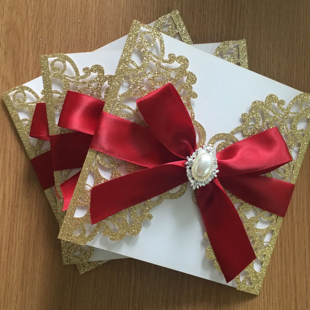 

Glitter paper wedding invitation card various colors customize lace laser cut invitations with envelop