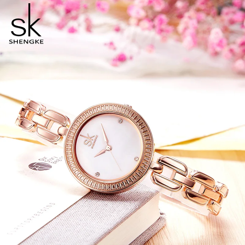 Женские часы Shengke кварцевые с круглыми циферблатами розовое золото 2019|clock brand|clock