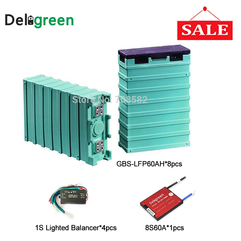 

8pcs GBS Lifepo4 Battery Pack 12v 60ah for solar panel with Battery voltage Balance equalizer /8S 60A BMS