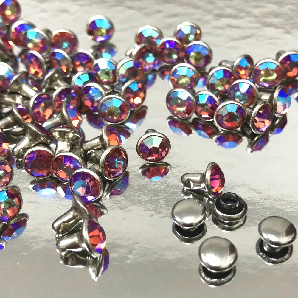 

6MM 50Set CZ++ Light Pink AB Crystal AB Plated Rapid Rivets Silver Plated Studs Assorted Cabochon Rivets Fit for Leather-Craft