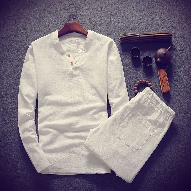 (قميص + بنطلون) 2019 الربيع الرجال قميص الرجل القطن و قميص كتان الرجال عالية الجودة من عارضة أزياء قمصان الرجال حجم M-5XL