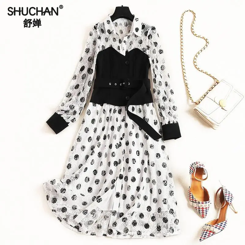 

Shuchan Fashion newest womens designer dresses lace High Street Dot Mid-calf patchwork high quality long dress 2019 50150