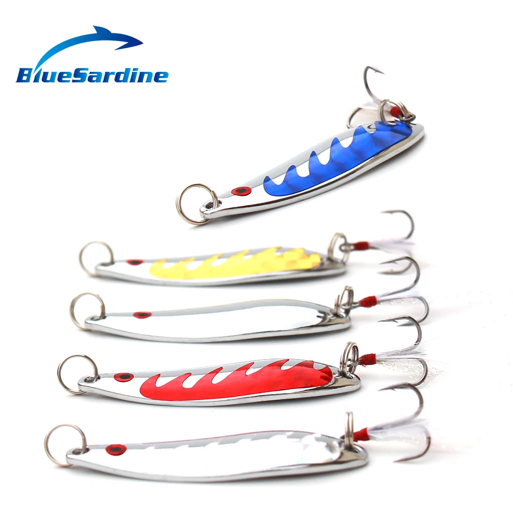 BlueSardine 5PCS 9CM 10G Metal Spoon Baits Fishing Lures with Feather Hook Pesca Fishing Tackle