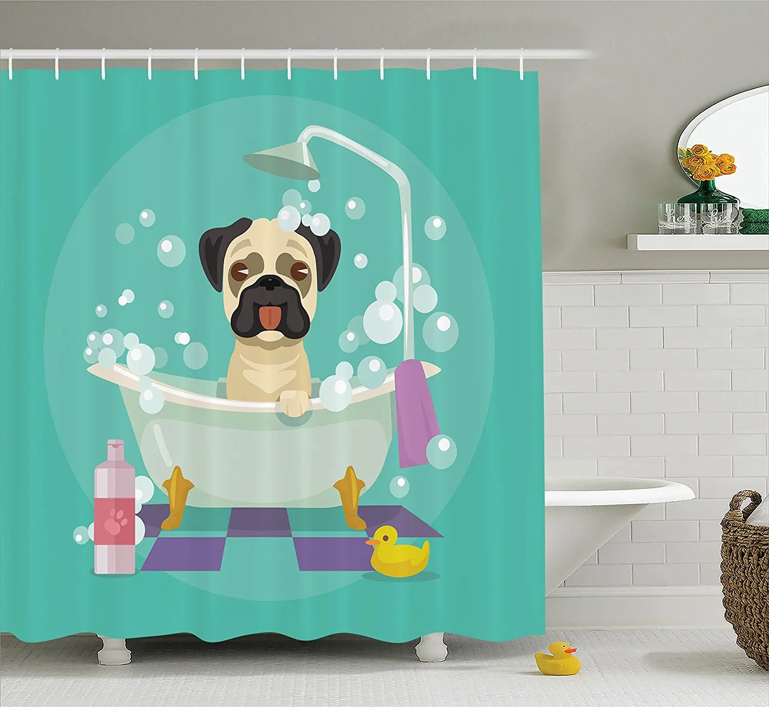 Pug Dog in Bathtub Grooming Doggy Puppy Salon Service Shampoo Polyester Fabric Bathroom Shower
