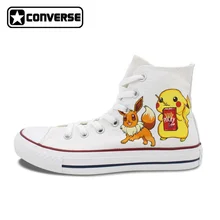White Converse All Star White Boys Girls Shoes Anime Pokemon Pikachu Eevee Umbreon Design Hand Painted Shoes Women Men Sneakers