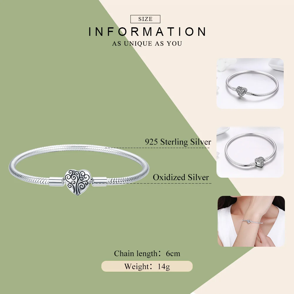 Online BAMOER 100% Plata de Ley 925 primavera Árbol de la vida forma de corazón cierre Cadena de serpiente pulsera de plata esterlina joyería S925 SCB066